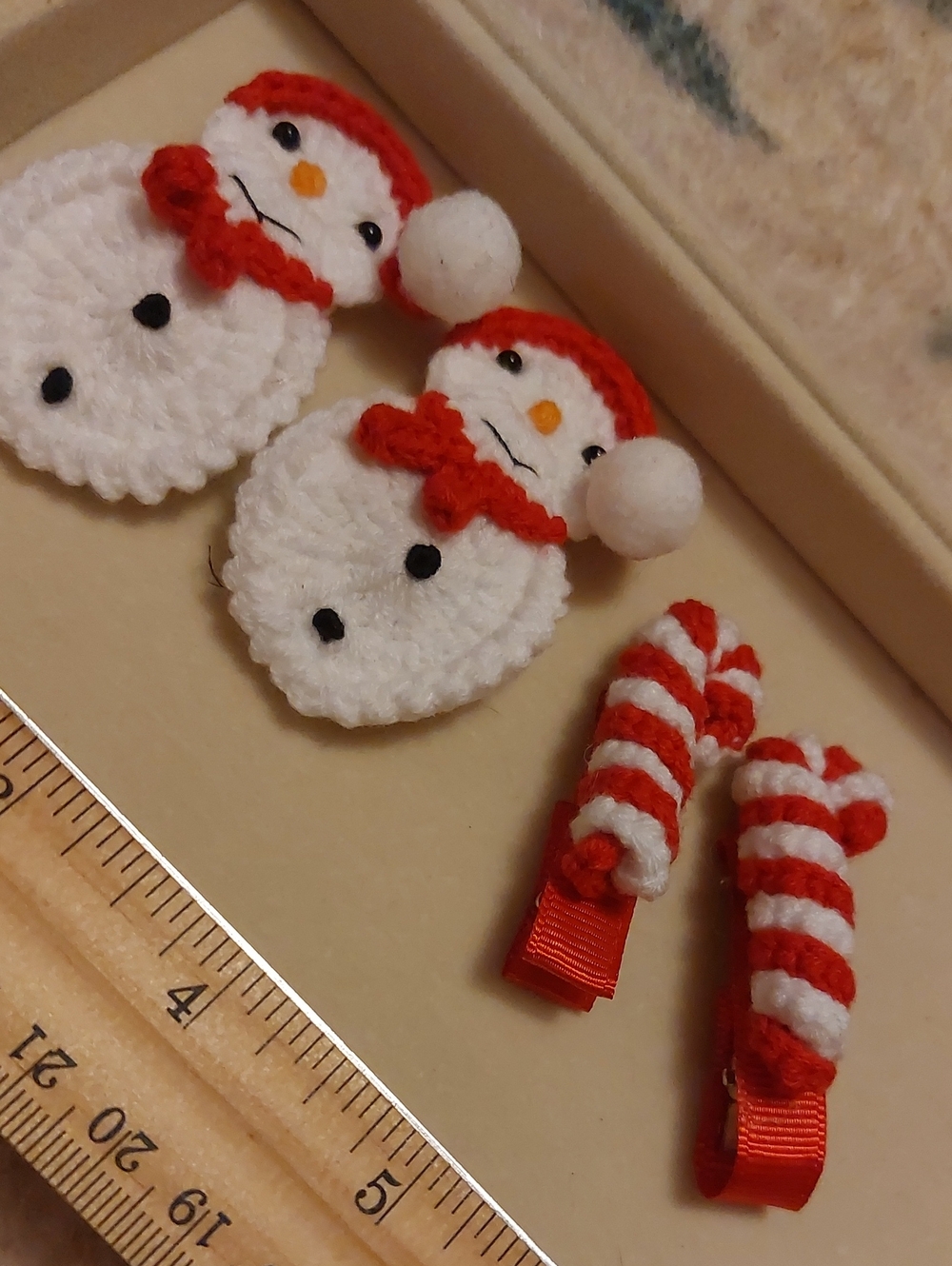 2 Pairs Handmade Crochet Christmas Hair Clips – Snowman & Candy Cane Lot